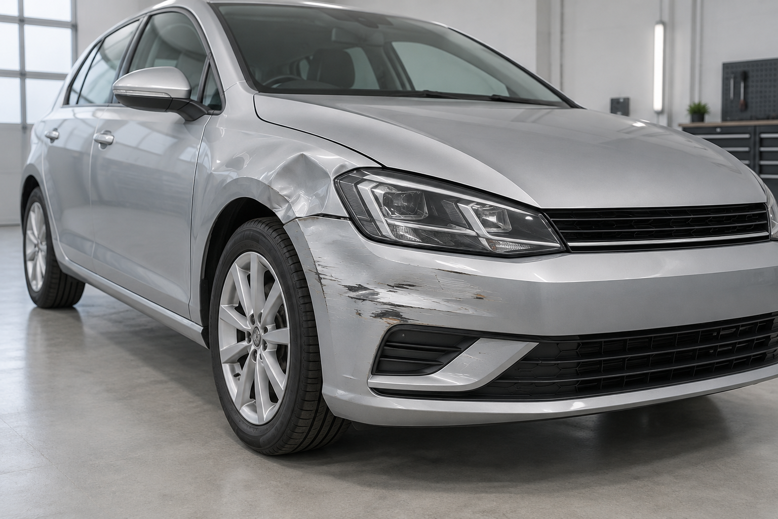 Illustrative silver car with a dented front wing and scraped bumper