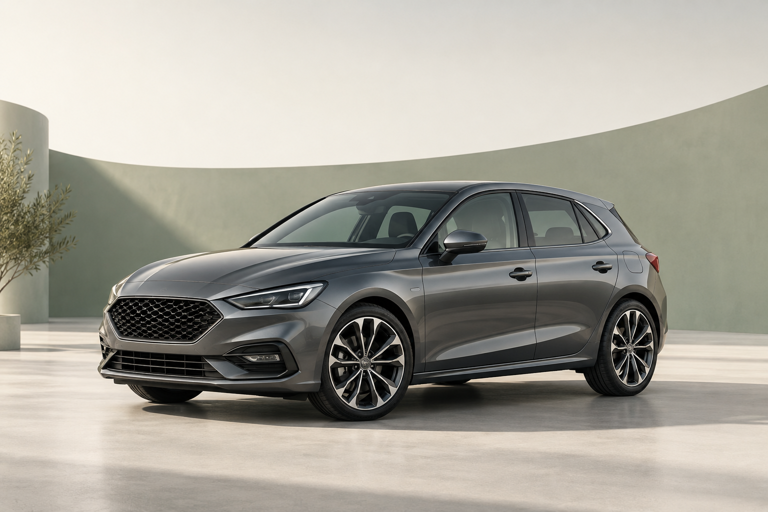 Illustrative graphite hatchback in a light studio